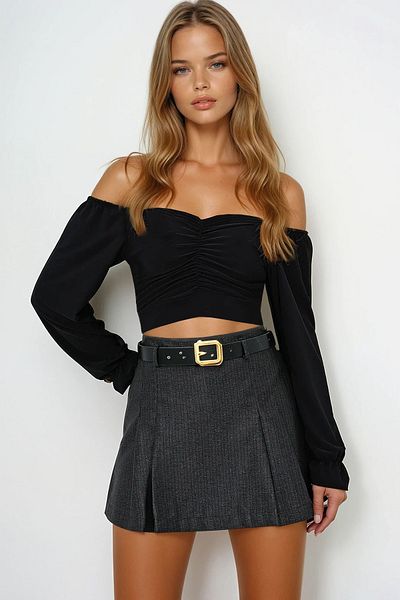 VAGGON Fusta mini pantaloni scurți țesute cu pliuri cu centură antracit pentru femei Prmx13707