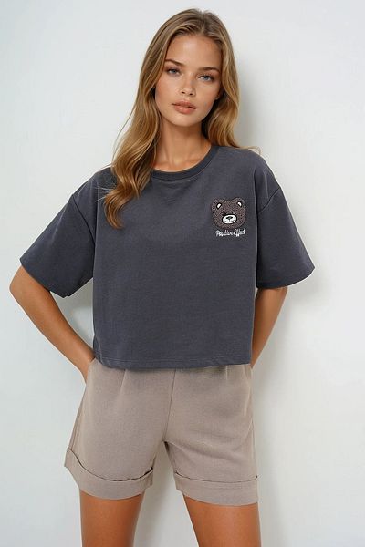 VAGGON Tricou crop oversize cu decolteu antracit Prmx13675