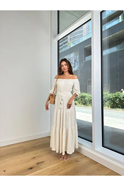manana fashion Λευκό μακρύ λινό φόρεμα με φόδρα V-λαιμόκοψη πολυτελούς ποιότητας