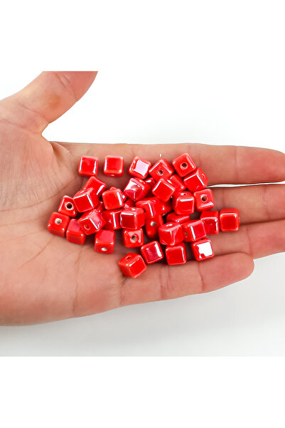 yfhobi 1 Adet - 8 mm Küp Desenli Porselen Boncuk, Kırmızı Renk Porselen Takı ...
