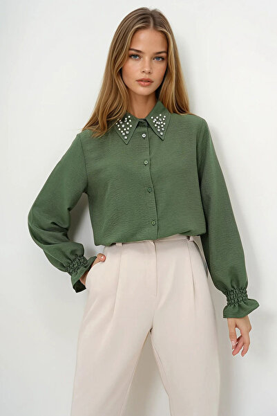 VAGGON Women's Green Pearl and Stone Embroidered Aerobin Shirt Vgn-X10085