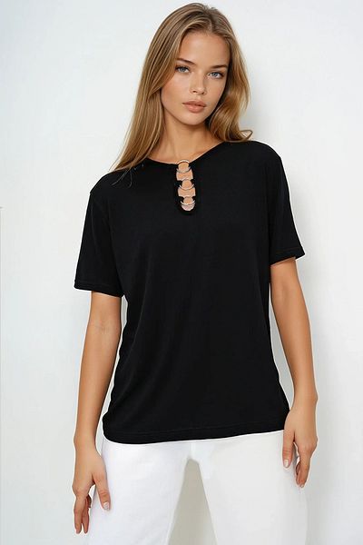 VAGGON Tricou de bază cu mânecă scurtă, negru, cu gât de ciclism, cu inele Prmx13529