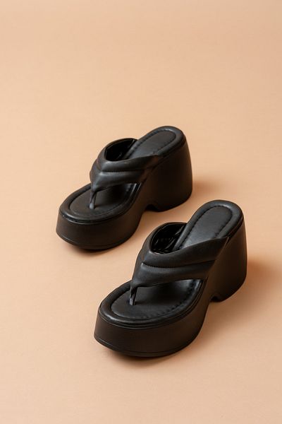 SEEM & BE İrina Wedge Platform Sole Women's Flip Flops Black Slippers