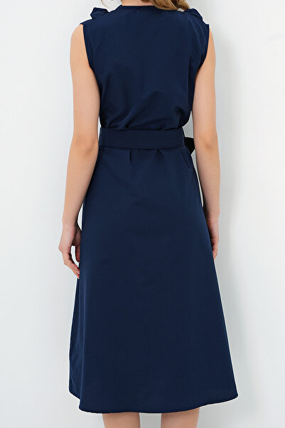 VAGGON Women's Navy Blue Ruffled Front Belted Poplin Woven Dress Prmx11609