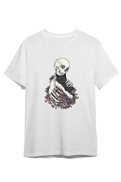 weywot Унисекс тениска с щампа на череп и котка