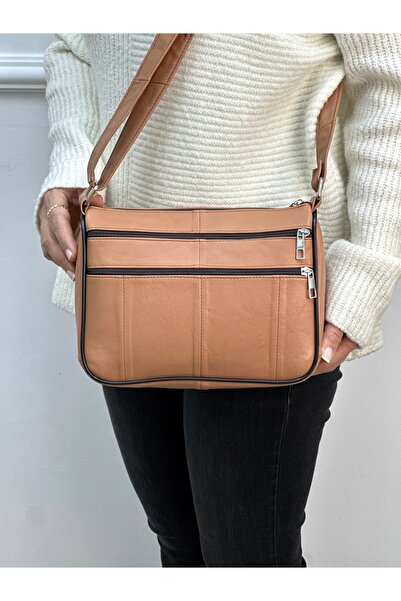 Deribag Genuine Leather, Cross Strap, Daily Bag, Women's Shoulder Bag, Sand B...