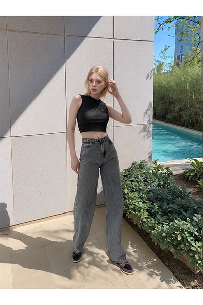 SHEVEGA Smoked Lycra Wide Leg Loose Palazzo Jeans Jeans