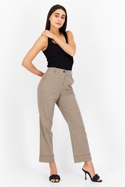 Esprit Women Regular Fit Houndstooth Casual Pants, Beige