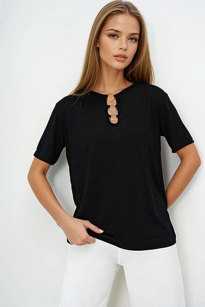 VAGGON Tricou de bază cu mânecă scurtă, negru, cu gât de ciclism, cu inele Prmx13529