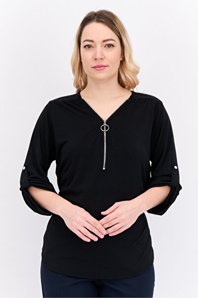 ny collection Women V Neck Roll Tab Sleeves Plain Blouse, Black
