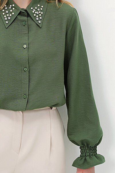 VAGGON Women's Green Pearl and Stone Embroidered Aerobin Shirt Vgn-X10085