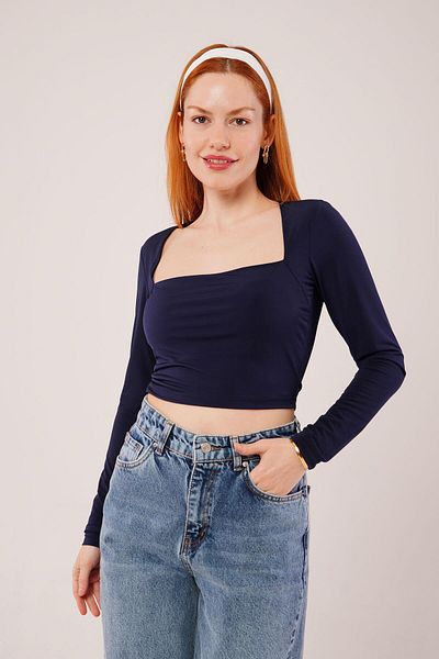 MODAVERA Square Collar Basic Navy Blue Blouse