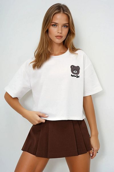 VAGGON Λευκό γυναικείο ποδηλατικό μπλουζάκι Oversize Crop Motif Prmx13675