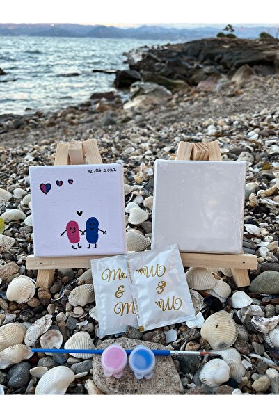 Ems Takı Aksesuar 2 adet mini 10x10cm mini tuval+2 adet şövale 3 farklı renk ve 1 adet fırça sevgiliye hediye tuval