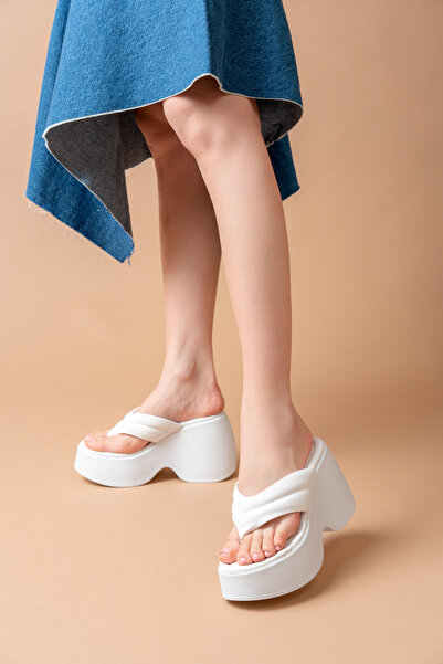 SEEM & BE İrina Wedge Platform Sole Women's White Flip Flops Slippers