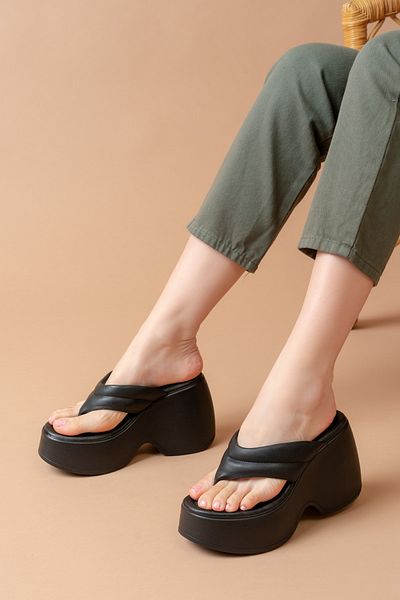 SEEM & BE İrina Wedge Platform Sole Women's Flip Flops Black Slippers
