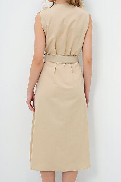 VAGGON Γυναικείο μπεζ φόρεμα με βολάν με ζώνη ποπλίνα υφαντό Prmx11609
