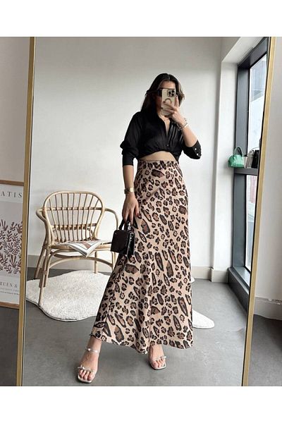 hiraz fashion women's leopard print maxi length satin skirt