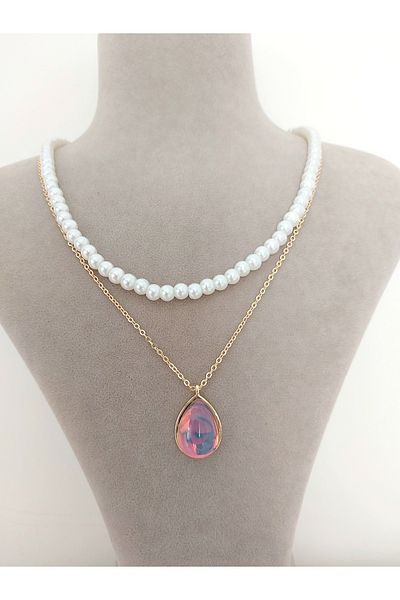 Alexis Carrel Sparkling Gold Drop Model Necklace and Pearl Necklace Set, 2-Piece Combination Necklace