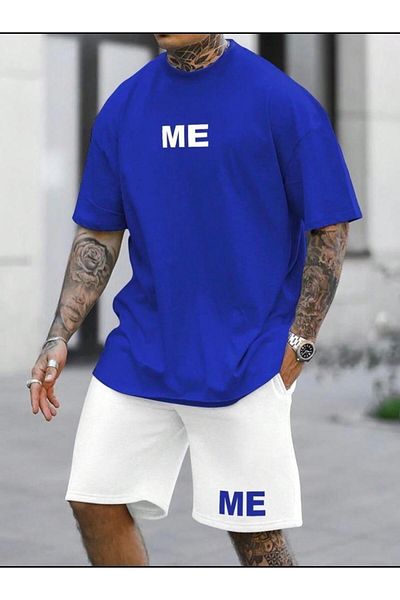 LA VESTİTİ Unisex Blue Printed Oversize T-Shirt-White Shorts-Summer