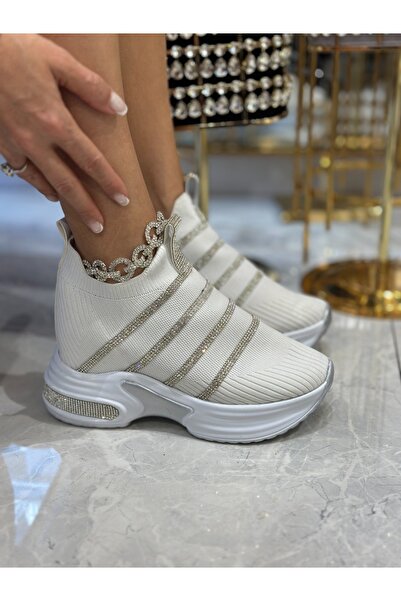 Giydim Gidiyor Triko Star Kristal Taşlı Özel Tasarım Spor Ayakkabı Beyaz