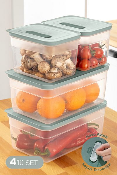 Vienev Adjustable Vegetable and Fruit Storage Container with 4 Air Channels 2X(2.35-5 Lt) Mint