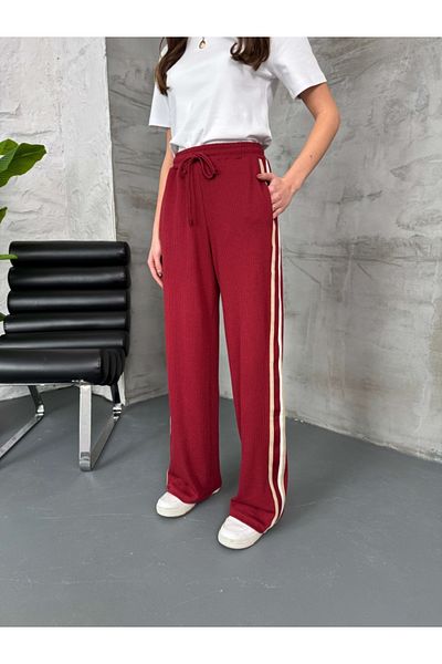 Elif Özbey Butik Burgundy Side Stripe Elastic Waist Trousers