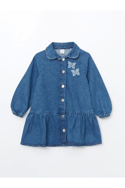 LC Waikiki LCW baby Medium Indigo Rodeo Βρεφικό τζιν φόρεμα με μακρυμάνικο κέντημα