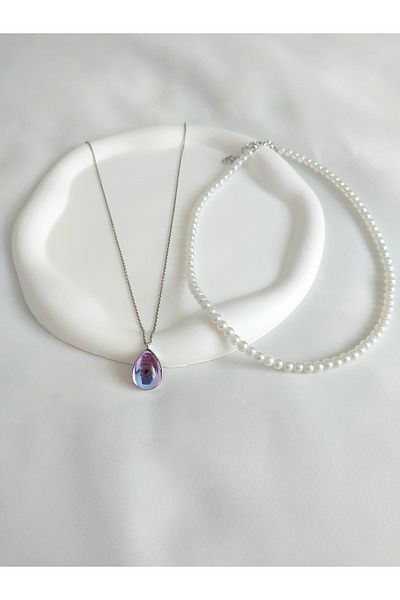 Alexis Carrel Sparkling Silver Drop Model Necklace and Pearl Necklace Set, 2-Piece Combination Necklace