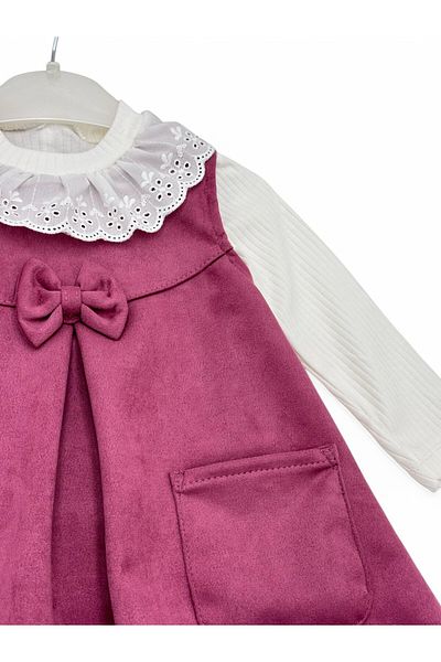 VEGAMOD Girl's Festo Collar Bow Pocket Suede Body Dress