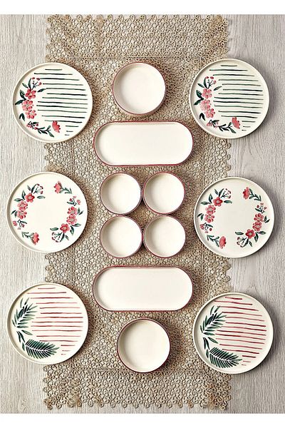WuuQ 14 Piece Sakura Stackable Breakfast Set for 6 People - Luxury Breakfast Presentation Set Plate