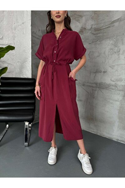 Elif Özbey Butik Bordo Kargo Cepli Modal Elbise