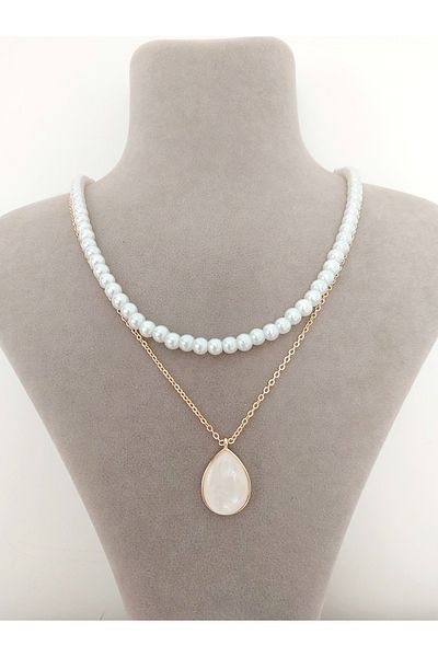 Alexis Carrel Sparkling Gold Drop Model Necklace and Pearl Necklace Set, 2-Piece Combination Necklace