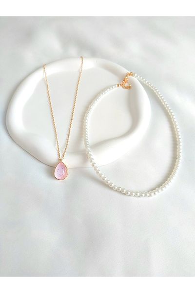 Alexis Carrel Sparkling Gold Drop Model Necklace and Pearl Necklace Set, 2-Piece Combination Necklace