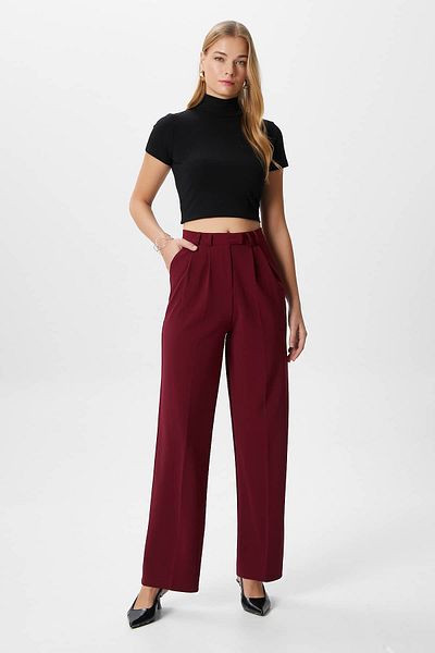 Ritnice Women's Flow Hook Closure Pocket Burgundy Fabric Trousers
