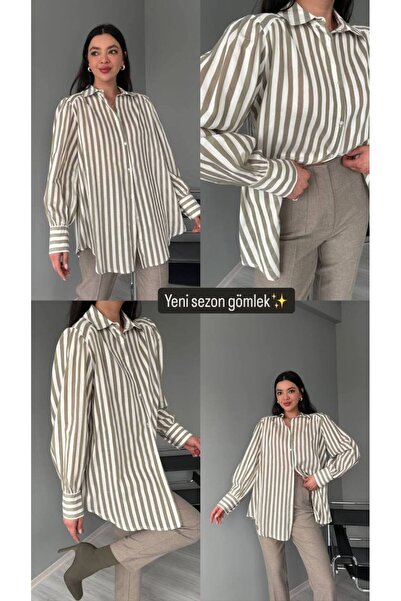 B1butik HAKİ BEYAZ ÇİZGİLİ GÖMLEK