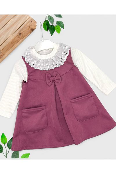 VEGAMOD Girl's Festo Collar Bow Pocket Suede Body Dress
