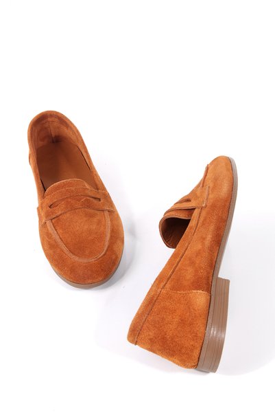 ÜNAL ÖZER Women's Tan Suede Genuine Leather Round Toe Casual Lofer Un001-053