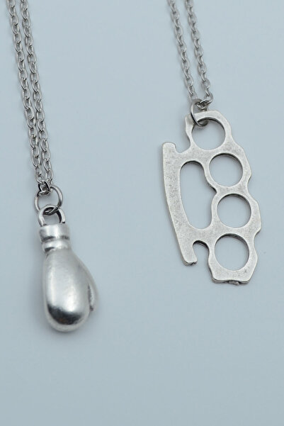 Bu Farklı 2'li Boks Eldiveni Muşta Erkek Kadın Kolye Seti 925 Ayar Gümüş Kaplama