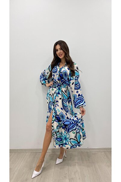 Nazline Жіноча сукня з круглим коміром, застібкою спереду та візерунком, з довгими рукавами, з віскози