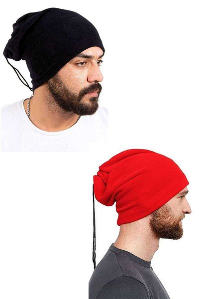 MCM GROUP Polar Drawstring Beanie and Neck Collar - Black and Red (2 Puffs)
