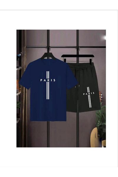LA VESTİTİ Unisex Blue Paris Printed Oversize T-Shirt-Black Shorts-Summer
