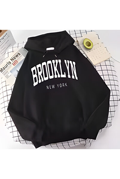 TARCENMODA سويت شيرت بقلنسوة أسود للجنسين مطبوع من بروكلين