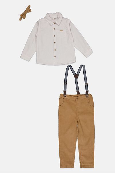 Little Gent Toddlers Boy 3 Pieces Brand Logo Top And Trouser With Brace And Bow Tie Set, White