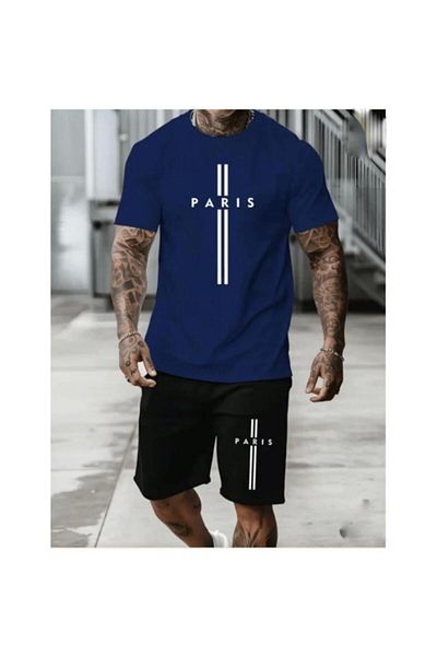 LA VESTİTİ Unisex Blue Paris Printed Oversize T-Shirt-Black Shorts-Summer