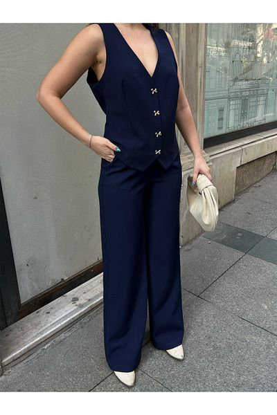 mypagebutik Navy Blue Trousers and Vest Two-Piece Suit