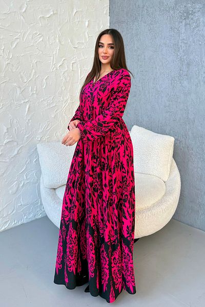 ASEDE 100% Viscose Bohemian Alaçatı Dress V-Neck Ethnic Patterned Viscose Dress Suitable for Hijab