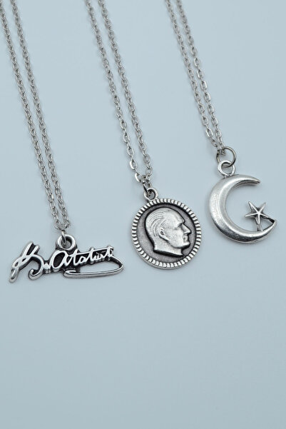 Bu Farklı 3'lü Atatürk İmza Madalyon Ay Yıldız Gümüş Kaplama Kolye Seti