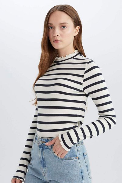 DeFacto Tricou cu mânecă lungă pentru femei albastru bleumarin C5403ax/nv173