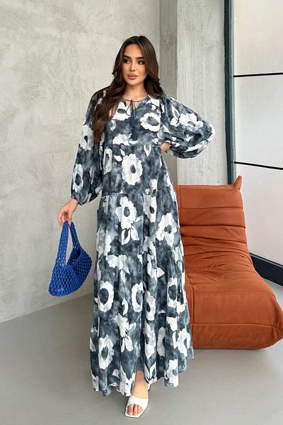 ASEDE 100% Viscose Bohemian Alaçatı Dress Collar Tie-Up Patterned Viscose Dress Suitable for Hijab Dress